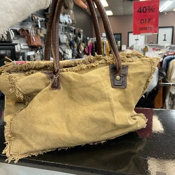 Myra Bag Tan and Blue Satchel - Picture 3 of 7